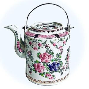 Rare! Antique  Floral Lowestoft Porcelain Teapot Wire Handle. Made in Japan.